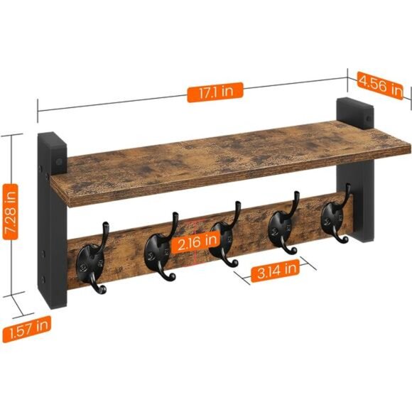Homode Wall-Mounted Wood Wall Hooks with Shelf, 5 Metal Hooks Rustic Brown - Picture 3 of 7